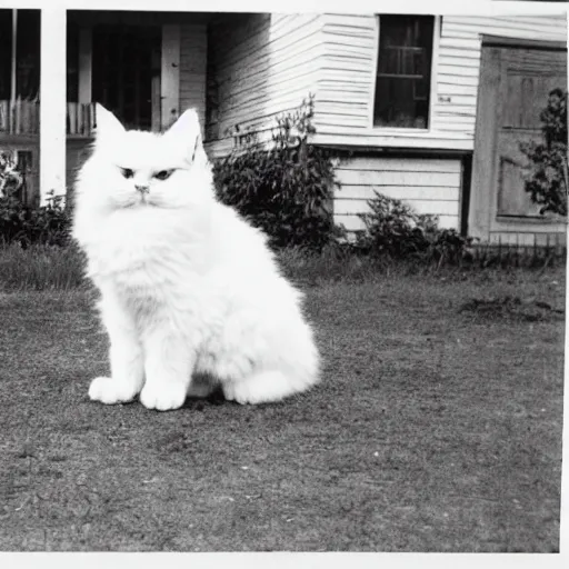 Prompt: a fluffy cat sitting on the corner of a front yard on a residential street in the 1930s