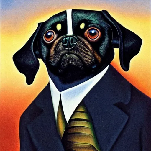 Image similar to a surrealist portrait of black pugalier dog wearing suit and tie, surreal background, by salvador dali