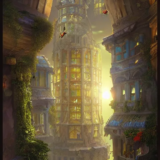 Prompt: A city tower which have a transparent aquarium all around the windows, by Justin Gerard and Haeckel. Artstation, volumetric light, ray of light, warm colors