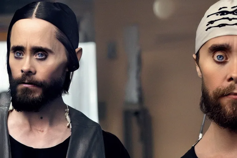 Image similar to medium full shot of jared leto as an exaggerated caricature of a white gang member wearing a black durag and a white tank top in the new movie directed by ice cube, movie still frame, arms covered in gang tattoo, promotional image, critically condemned, top 1 5 worst movie ever imdb list, public condemned, relentlessly detailed