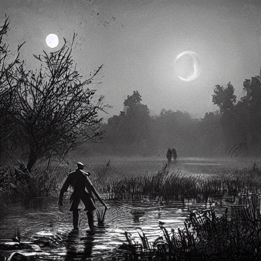 Prompt: hunters from hunt showdown walking across a swamp at night, horror scene, moon light, bayou, silence,