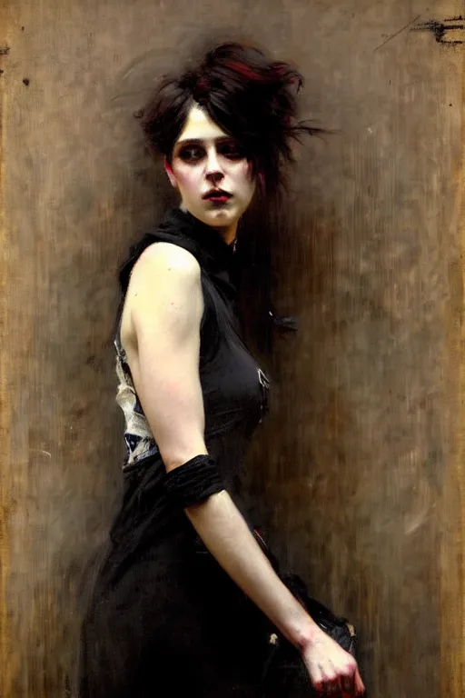 Image similar to solomon joseph solomon and richard schmid and jeremy lipking victorian loose genre loose painting full length portrait painting of a young beautiful woman punk rocker