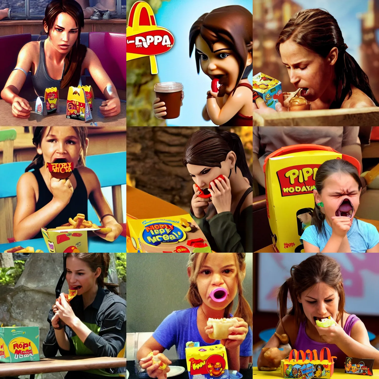 Prompt: Lara Croft crying while eating a Happy Meal, sad, photograph, table booth, McDonald's, tears, Happy Meal box, Happy Meal toy
