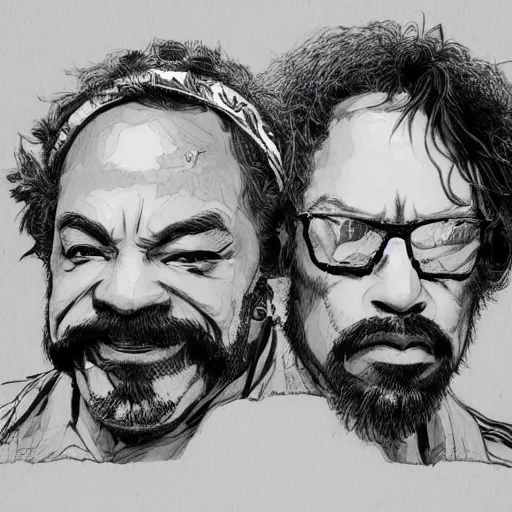 Image similar to portrait of cheech and chong, concept art, sumi - e style, intricate linework, artstation, trending, highly detailed, smooth, focus, art by yoji shinkawa,