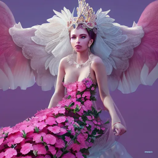 Image similar to expressive full body photo of sophia lauren as beautiful angel, smooth glowing skin, ornate headpiece made from pink flowers, glamour shot, by yoshitaka amano, by greg rutkowski, by jeremyg lipkinng, by artgerm, octane render, unreal engine, photorealistic, canon r 3, fashion photography