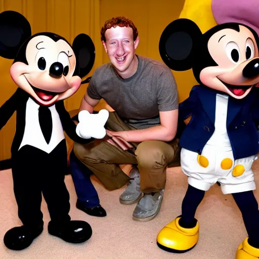 Prompt: Mark Zuckerberg happy to meet Mickey Mouse