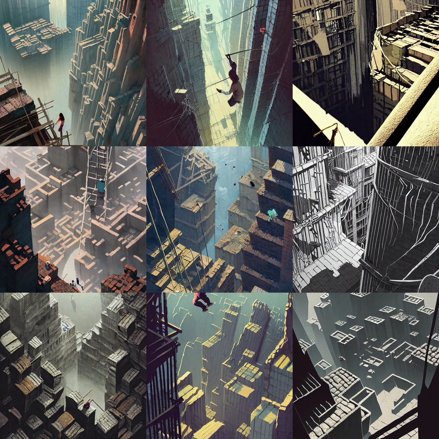 Prompt: a looking down from above, vertigo, bottomless void, jack and the bean stalk, tall cylindrical towers of ancient crumbling masonry, scaffolding, cracks, rubble, makeshift houses, cloth banners, long swing bridges, rise above clouds, illustration by ruan jia, cold color palate, bloom, dramatic lighting
