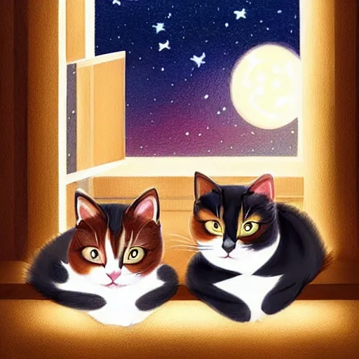 Image similar to two cute multi - colored calico cats sleeping inside a cozy home in the evening, stars shining in the night sky through the window,, artstation, cgsociety, storybook art