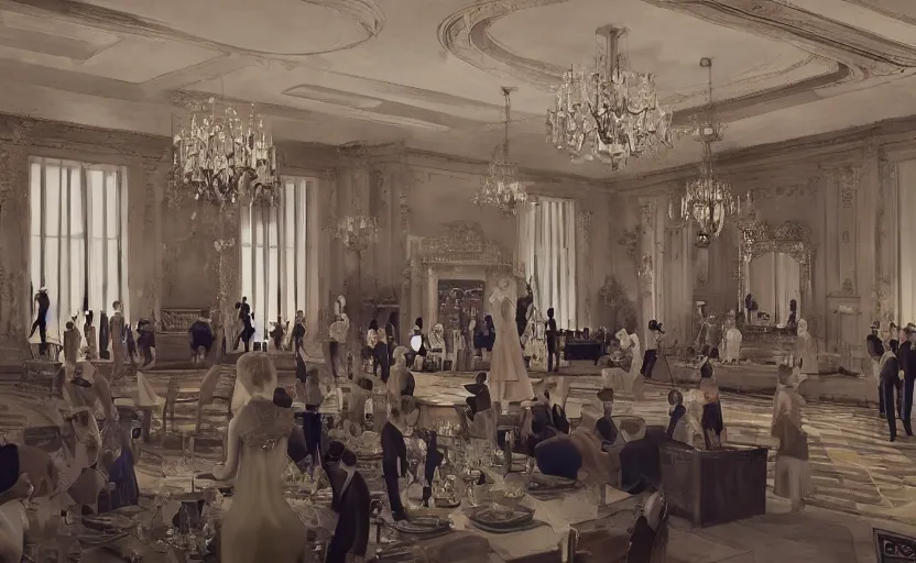 Image similar to realist digital painting of a 1 9 2 0 s grand party in a beautiful mansion, many partygoers, strong contrast, unreal engine, hyper realism, realistic shading, cinematic composition, realistic render, octane render, detailed textures, photorealistic, ultrawide shot, 3 5 mm film