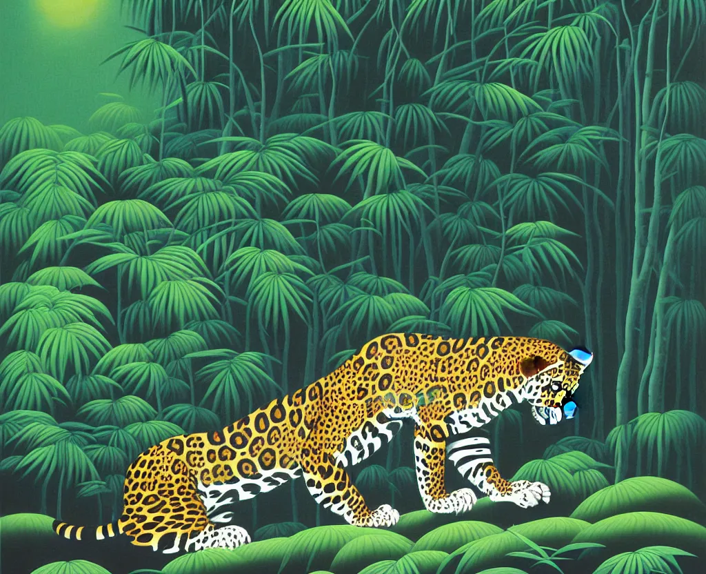 Image similar to a painting of a jaguar in a dark misty jungle. Painted by Hiroshi Nagai. Aesthetics of Hiroshi Nagai