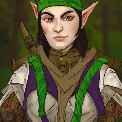Prompt: athena as a medieval fantasy wood elf, dark purplish hair tucked behind ears, wearing a green tunic with a fur lined collar and brown leather armor, wide, muscular build, scar across nose, one black, scaled arm, cinematic, character art, digital art, forest background, realistic. 8 k