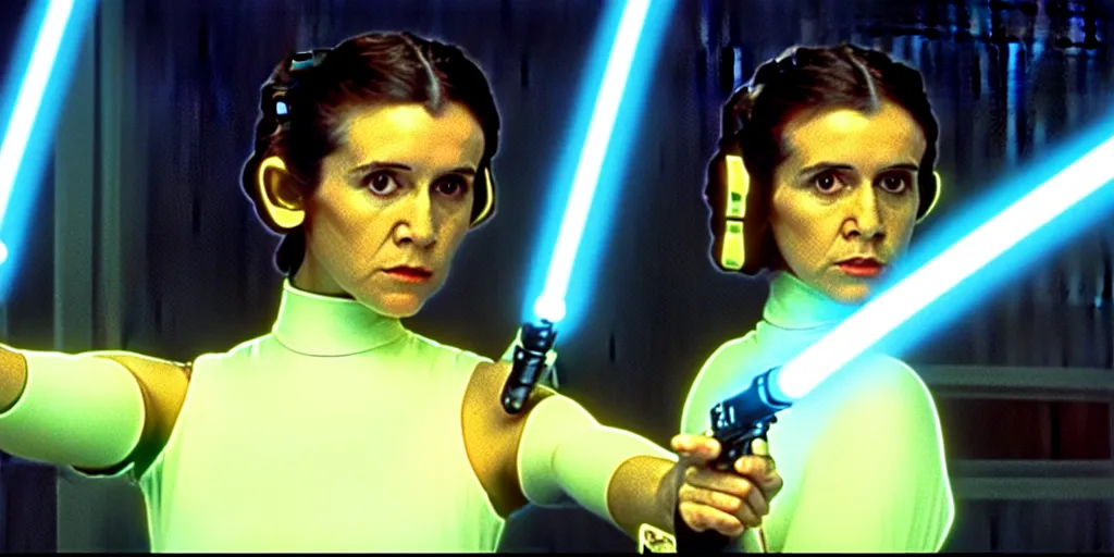 Image similar to screenshot portrait solo shot of Princess Leia training to use a yellow lightsaber at a new Jedi Temple scene from The Force Awakens, 1970s film by Stanley Kubrick, serene, iconic scene, stunning cinematography, hyper detailed, sharp, anamorphic lenses, kodak color film, 4k