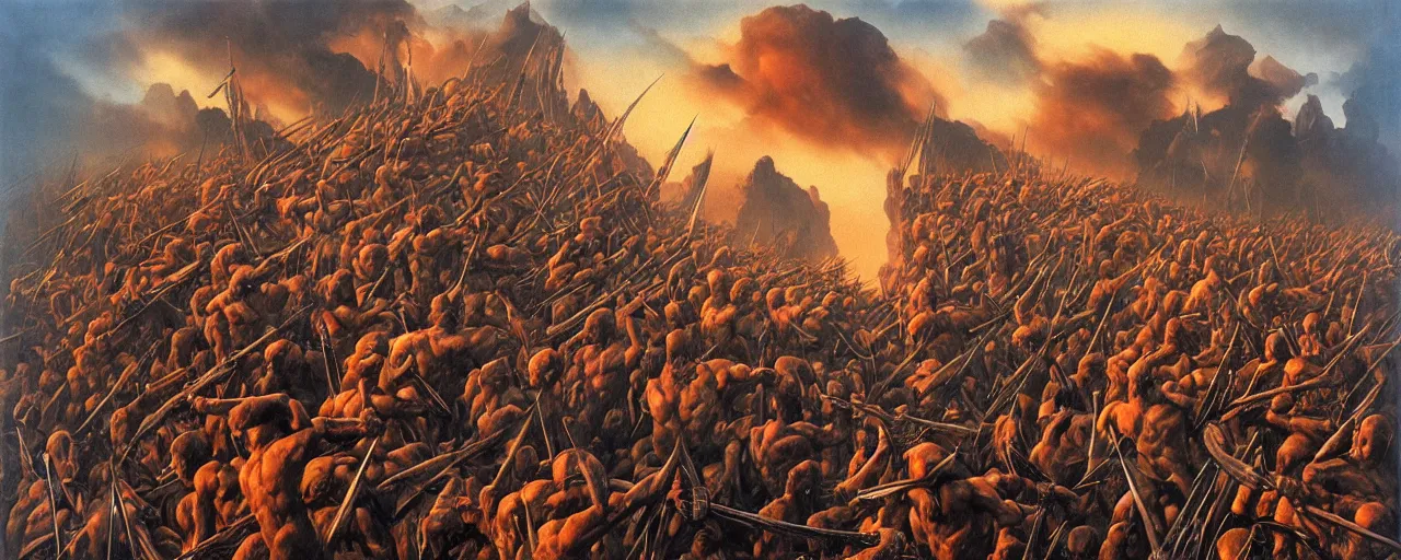 Prompt: the hungry birds of war. manowar album cover, ripped muscular barbarians are surrounded, 8k, highly detailed, by Zdzisław Beksiński