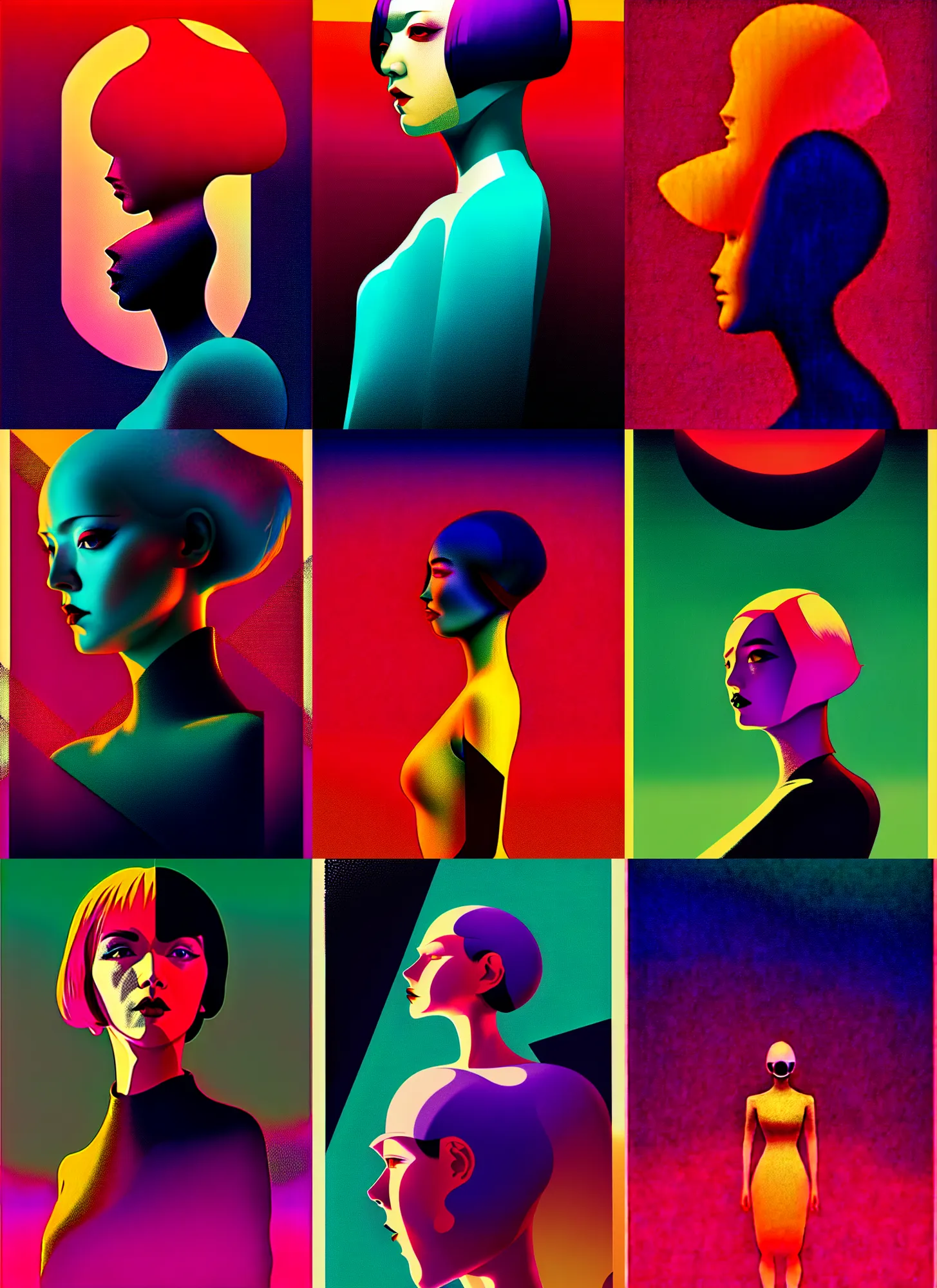 Prompt: ( ( strong dither ) ), editorial illustration portrait a woman like reol, modern art deco, dynamic pose, colorful, ( ( mads berg ) ), christopher balaskas, victo ngai, detailed, dynamic composition, wide angle, moebius, matte print, fog, dramatic lighting, halftone texture, risograph