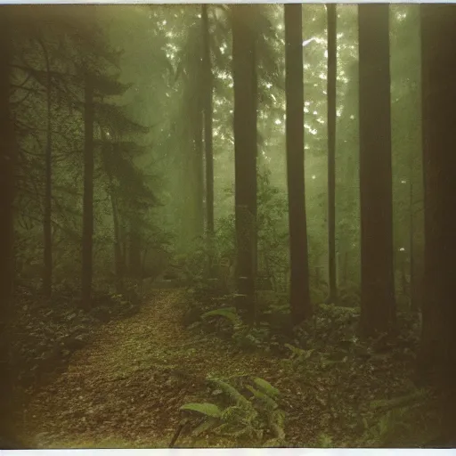 Image similar to you are lost in the forest, polaroid, surrended, foggy