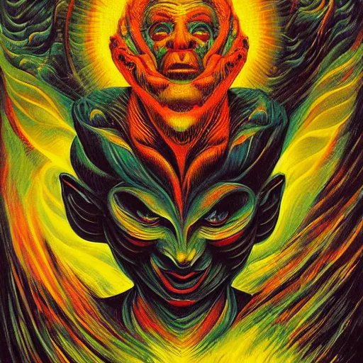 Image similar to anthropomorphic god of fire, surreal by dan mumford and umberto boccioni, oil on canvas