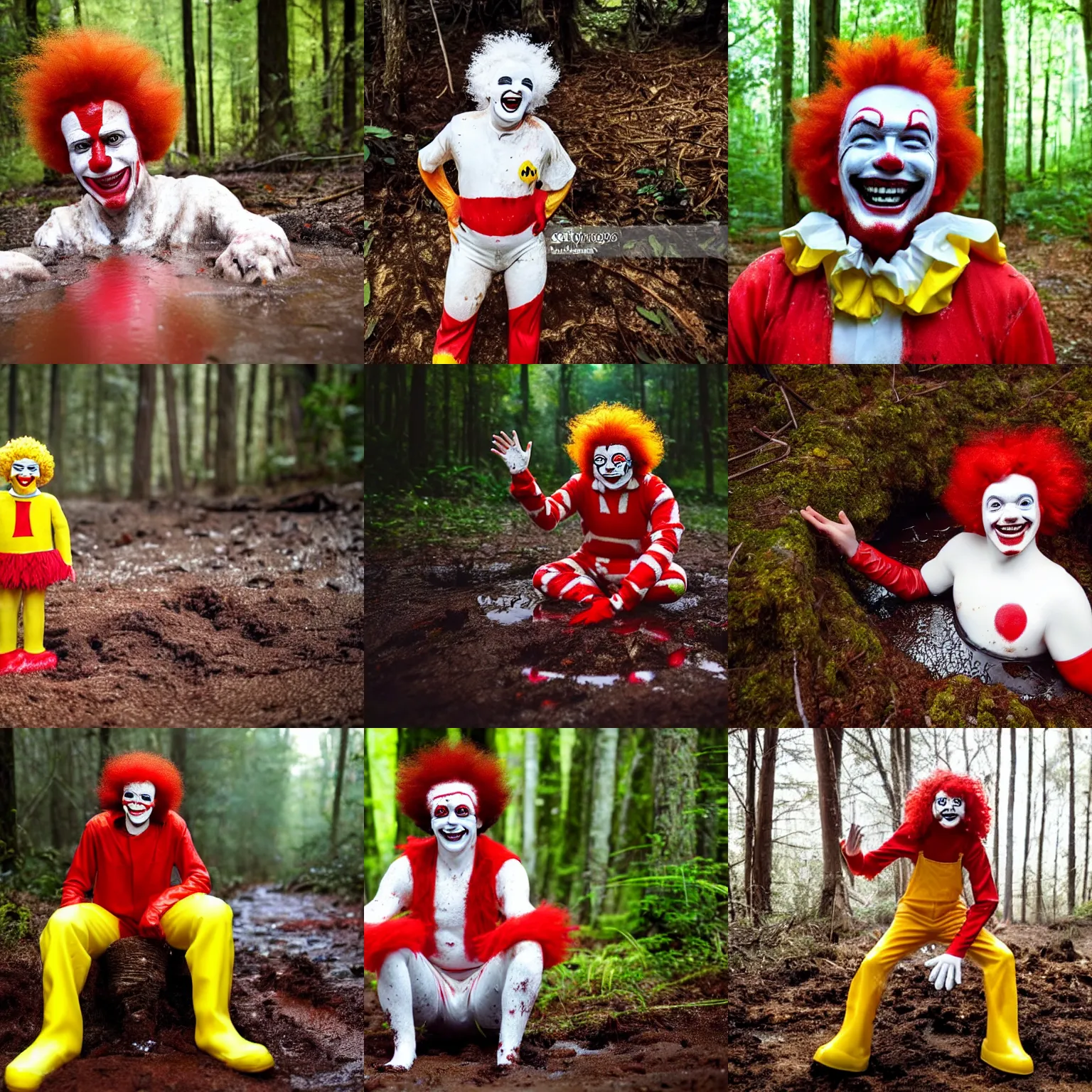 Prompt: Close up photograph of Ronald McDonald emerging from a dirty puddle, white facepaint, red afro, red round nose, yellow jumpsuit!! smiling!!!, in the forest, highly detailed, F32