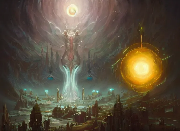 Image similar to city of might and magic, citadel of light, glowing orbs, by peter mohrbacher,