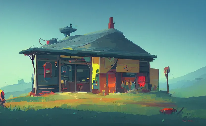 Prompt: old shop on a hill, james gilleard, print, game art