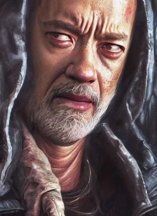 Image similar to portrait of Tom Hanks as a homeless character in Cyberpunk 2077, looking at camera, intricate, dystopian, sci-fi, extremely detailed, digital painting, artstation, concept art, smooth, sharp focus, illustration, intimidating lighting, incredible art by artgerm and greg rutkowski and alphonse mucha and simon stalenhag