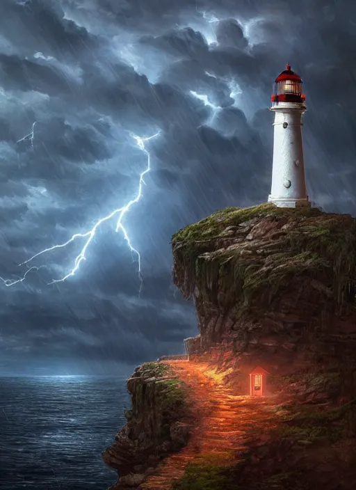 Prompt: light house on a cliff in a thunderstorm at night, dramatic lighting, cinematic, establishing shot, extremly high detail, photo realistic, cinematic lighting, post processed, concept art, artstation, matte painting, style by eddie mendoza, raphael lacoste, alex ross