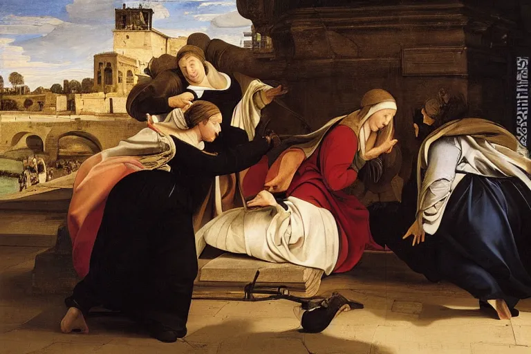 Prompt: painting of 3 women, at the tomb of jesus, dynamic composition, 2 angels, caravaggio, rubens, pieter de hooch