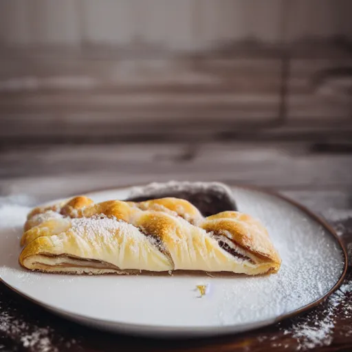 Prompt: strudel with cream, canon eos r 3, f / 1. 4, iso 2 0 0, 1 / 1 6 0 s, 8 k, raw, unedited, symmetrical balance, in - frame,