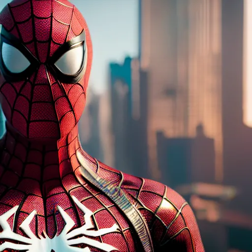 Prompt: a film portrait still of spiderman from cyberpunk 2 0 7 7 unrealengine 5. realism, cinematic lighting, highly detailed spider - man, 4 k. 8 mm. grainy. panavision.