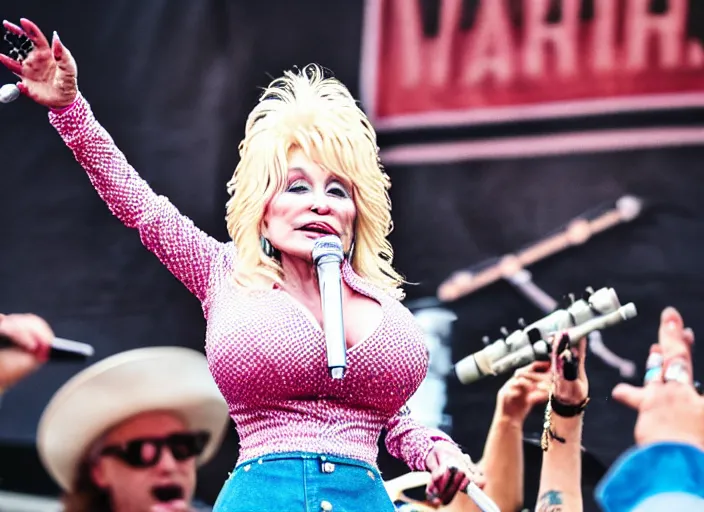 Prompt: photo still of dolly parton at the vans warped tour 2 0 1 8!!!!!!!! at age 3 6 years old 3 6 years of age!!!!!!!! stage diving into the crowd, 8 k, 8 5 mm f 1. 8, studio lighting, rim light, right side key light