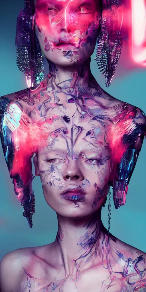 Image similar to hyperrealistic futuristic high fashion photography, girl in studio, full body, vogue magazine, nomad masterpiece, nano parts, neon lights, smoke, eerie music, beautiful intricate face and flawless skin, tribal jewelry, tattoos, perfect hands, head piece, by Edgar Maxence and Ross Tran and Michael Whelan, 8k, octane render