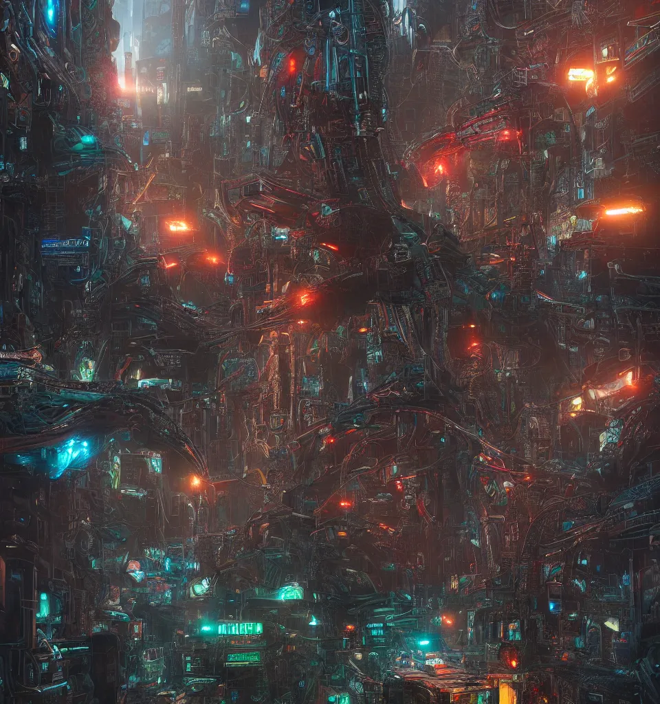 Image similar to large cyberpunk Quetzalcoatl  the feathered serpent deity, cinematic, highly detailed, octane render, cg, rich cinematic atmosphere, perfect digital art, mystical journey in strange world, robotic, circuits, Mystical, cyberpunk, sci-fi, surreal, glowing lights, sharp focus, high detailed, by Greg Rutkowski, Gary Houston, Stephan Martiniere