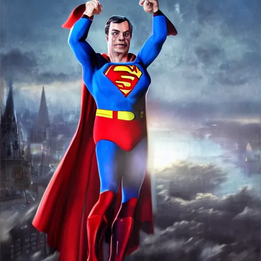 Image similar to Portrait of Nigel Farage as superman, heroic, amazing splashscreen artwork, splash art, head slightly tilted, natural light, elegant, intricate, fantasy, atmospheric lighting, cinematic, matte painting, detailed face, by Greg rutkowski