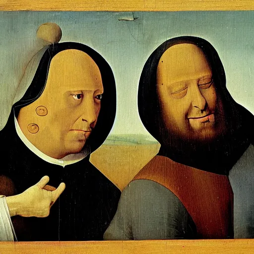 Prompt: painting of Tim and Eric by Hieronymus Bosch