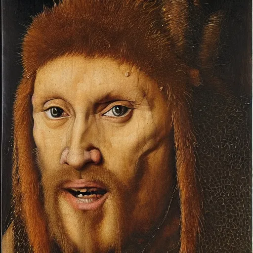 Image similar to portrait of wolf wolfman, oil painting by jan van eyck, northern renaissance art, oil on canvas, wet - on - wet technique, realistic, expressive emotions, intricate textures, illusionistic detail