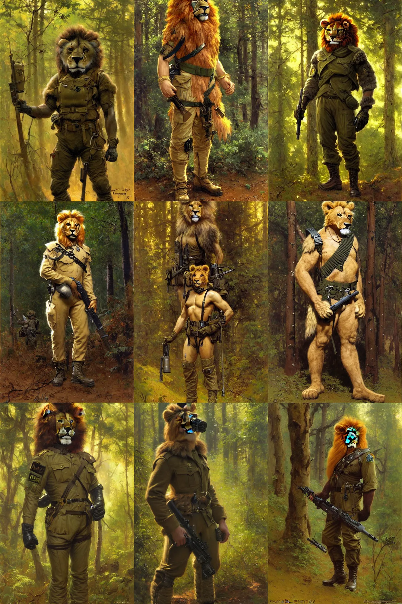 Prompt: anthropomorphic furry lion soldier wearing modern military gear in a forest, character design, painting by gaston bussiere, craig mullins, j. c. leyendecker, tom of finland