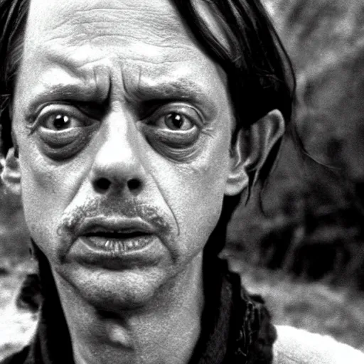 Prompt: Real Stills of Steve Buscemi smaller eyes playing a lord of rings elf in the new upcomming TV show promo ARRIFLEX 435 Camera face closeup