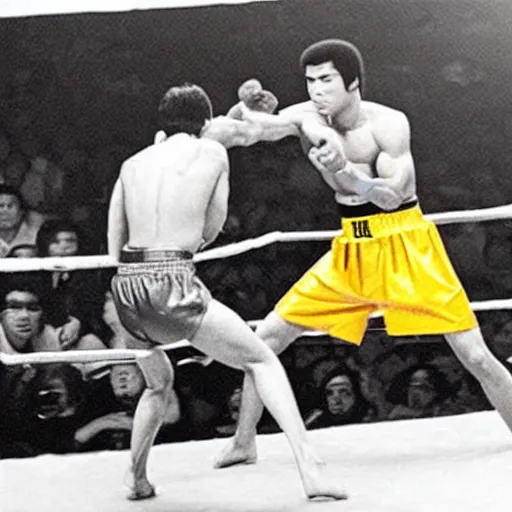 Image similar to bruce lee vs muhammad ali, arena fight, boxing ring