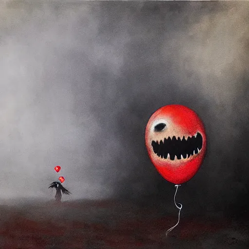 Image similar to grunge painting of the mist with a wide smile and a red balloon by chris leib, loony toons style, pennywise style, corpse bride style, horror theme, detailed, elegant, intricate, conceptual, volumetric light