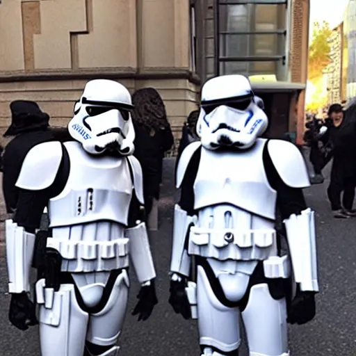 Image similar to two stormtroopers taking pictures with women on the street