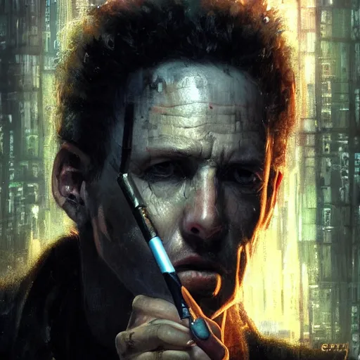 Prompt: case, close - up portrait of an augmented middle aged human smoking a cigarette, neuromancer, painted by seb mckinnon, high detail, dramatic light, digital art, painted by greg rutkowski, promotional movie posterart, trending on artstation