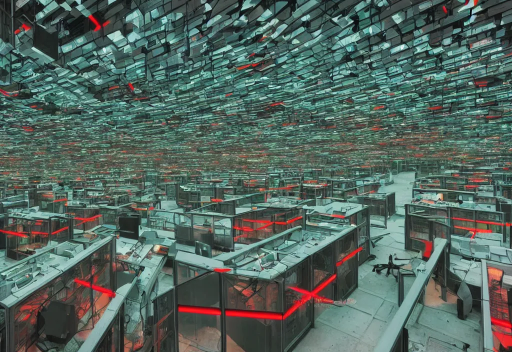 Image similar to dystopian office space with infinite rows of cubicles, vintage computers, neon light, giant screens on the walls, atrium, concrete walls, no windows, lots of cables, green leds, red leds, concept art by katshiro otomo