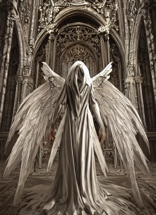 Image similar to Fine Art photo of a ancient sculptural demonic female Angel, rucifer, gothic and baroque sculpture, wearing long veil dress, six long wings, fallen angel with shadowy halo, in the large gothic cathedral , ornate, intricate and low contrast detailed, Guillermo del Toro style, full body portrait, hyper realistic, zbrush, epic perspective, octane render, volumetric light, cinematic lighting, cinematic detail, composition, photorealistic, render in unreal engine 5, 8k render, art sculpture, bone, ultra detailed technical precision, rule of third, dark epic scene