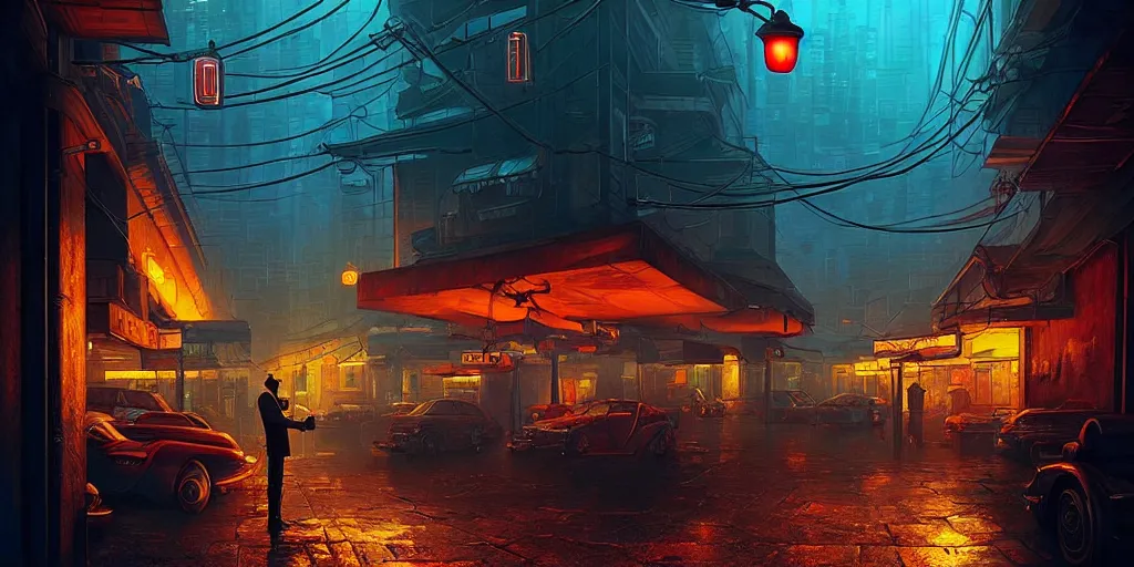 Image similar to A mafia boss in a cyberpunk setting, by Evgeny Lushpin, dramatic lighting, high contrast colours, as trending on Artstation, highly detailed,