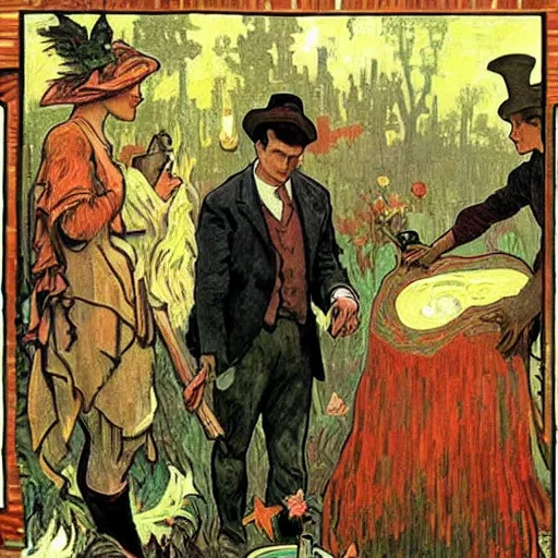 Prompt: painting of arkansas razorbacks at the halloween! party, bubbling cauldron!, candles!, graveyard, gravestones, ghosts, smoke, autumn! colors, elegant, wearing suits!, clothes!, delicate facial features, art by alphonse mucha, vincent van gogh, egon schiele