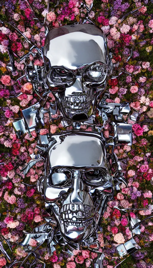 Image similar to destroyed terminator lying in a field of flowers, twisted metal, chrome, reflections, anthropomorphic, photorealism, smoke, metal, 8 k, surreal, wires, smooth, sharp focus, top view, extremely detailed, hyperrealism, elegant, establishing shot, by jeff koons, artgerm and greg rutkowski