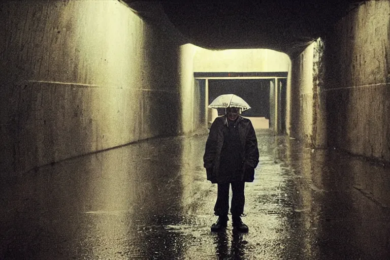 Image similar to a cinematic!! headshot photograph!! of a beautiful homeless war veteran, stood in a tunnel, rain, film still, cinematic, dramatic lighting, by bill henson