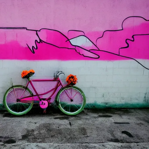 Prompt: a grafitti of a bicycle with a surfboard, pink and orange, street art by Jessie unterholder, katey truhn