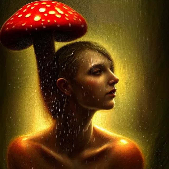 Prompt: bright portrait surreal mushrooms rain on face and wet hair, diffuse overhead lighting, fantasy, intricate, elegant, dramatic lighting, highly detailed, lifelike, photorealistic, digital painting, artstation, illustration, concept art, smooth, sharp focus, art by John Collier and Albert Aublet and Krenz Cushart and Artem Demura and Alphonse Mucha