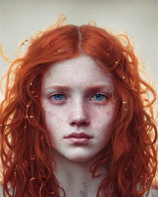 Image similar to portrait of 1 4 - year - old girl with flaming red hair, a lot of freckles, and bright brown eyes, wearing shirt, hyper realistic face, beautiful eyes, fantasy art, in the style of greg rutkowski, intricate, alphonse mucha, hyper detailed, smooth