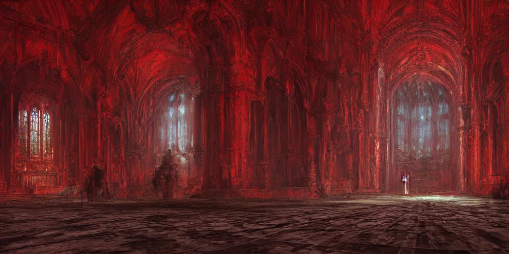 Image similar to a hyper intricate oil portrait red church interior, excellent composition, wide shot, by zdzislaw beksinski, intricate, horror atmosphere, unreal engine 5 highly rendered, global illumination